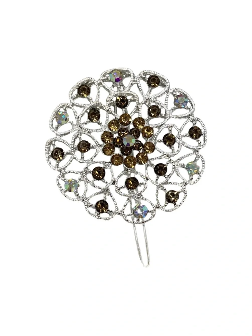 Silver-tone Floral Crystal Hairpin with Brown Rhinestones FINAL PRICE DROP